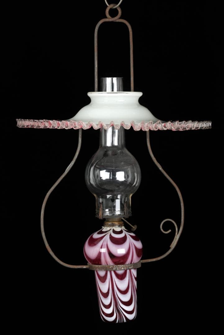 け*ん様 吊りオイルランプ 明治～大正期 乳白ガラス傘 マーブルピンク模様オイル