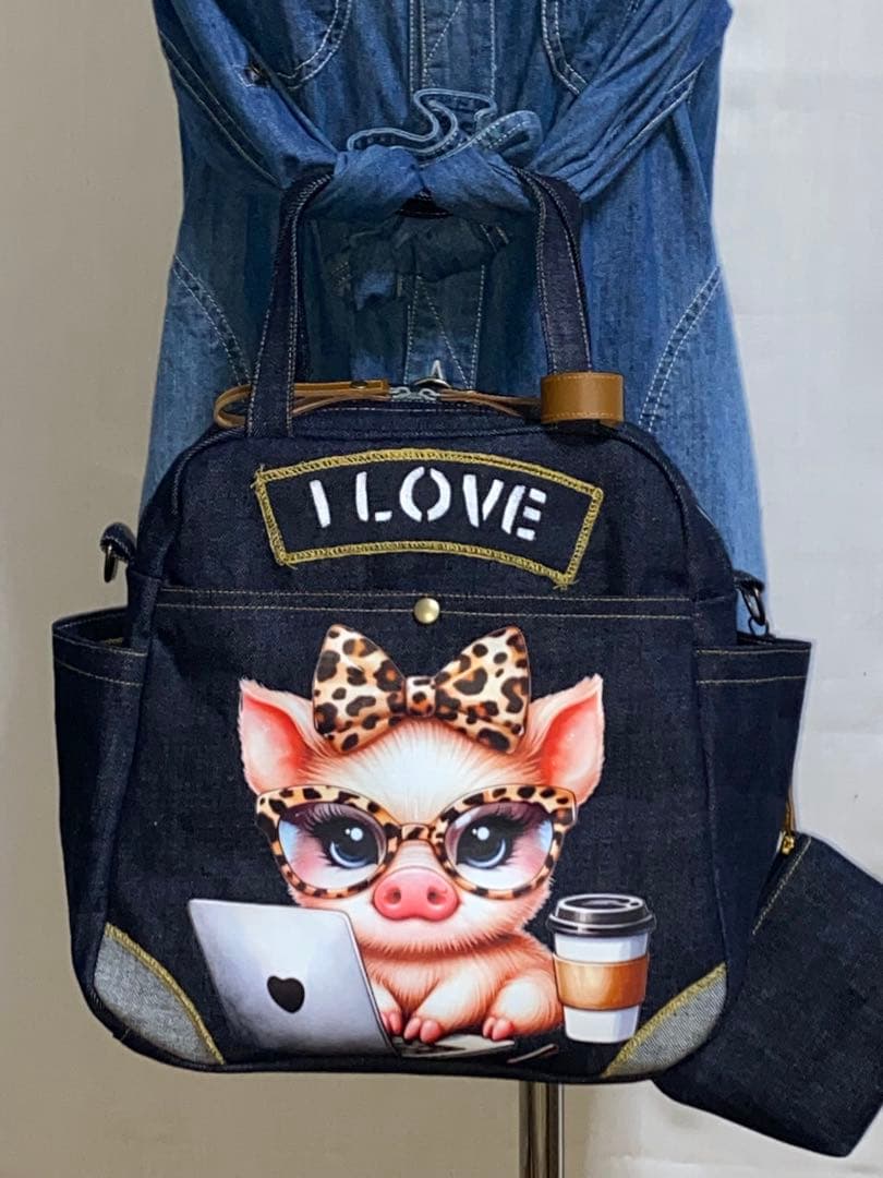 ☆ハンドメイド☆岡山デニム☆豚☆ブタさん☆リュック対応☆4wayボストンバッグ