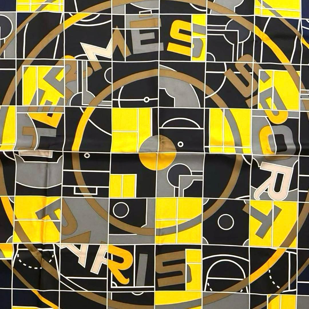 美品 エルメス シルクスカーフ カレ90 エルメススポーツ 黒色 黄色 灰色