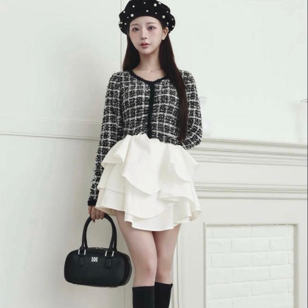 Darich ボリュームフリルツイードニットミニワンピース BLK