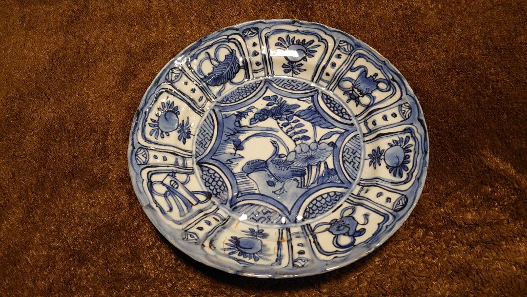 古染付　李朝　古玩　鳥の図　中皿　１客