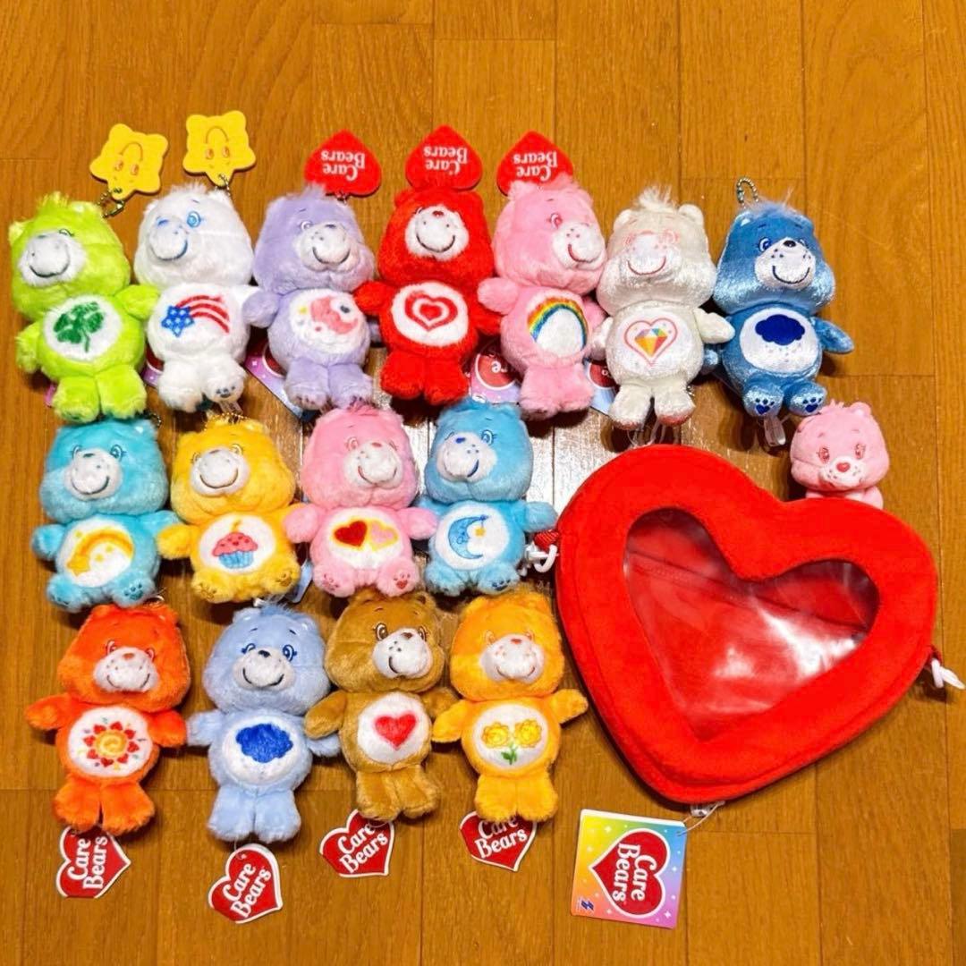 ケアベア5色のマスコット　ハートチャーム付きぬいぐるみショルダーバッグ