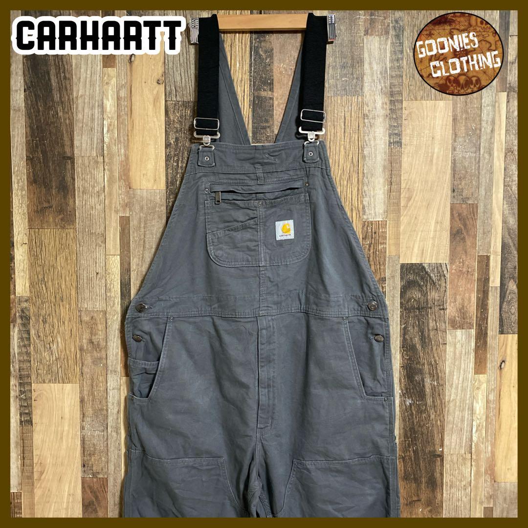カーハート グレー系 オーバーオール メンズ ロゴ ファスナー パンツ 古着