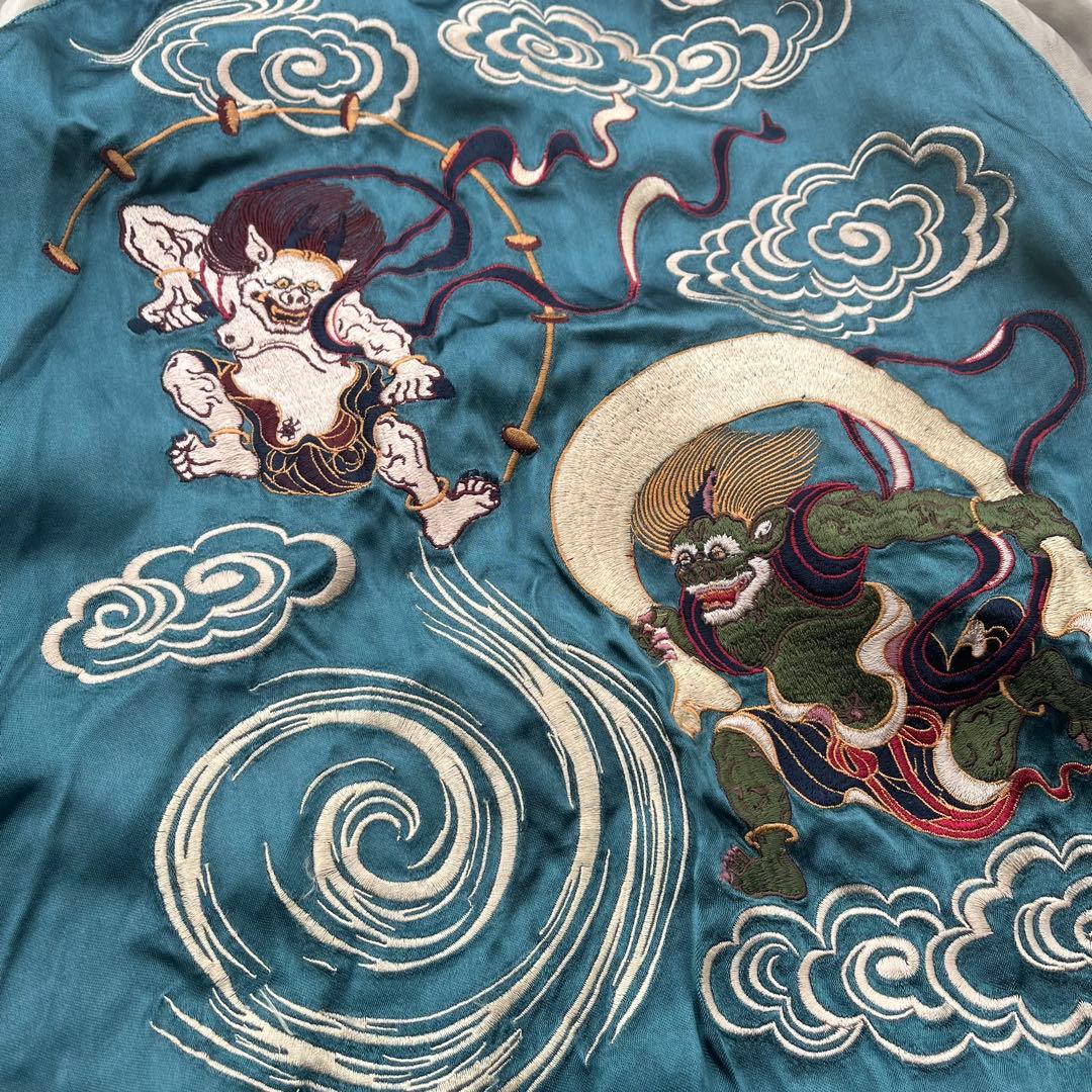 Pin Ball 風神雷神、刺繍 リバーシブル サテンスカジャン 赤　緑