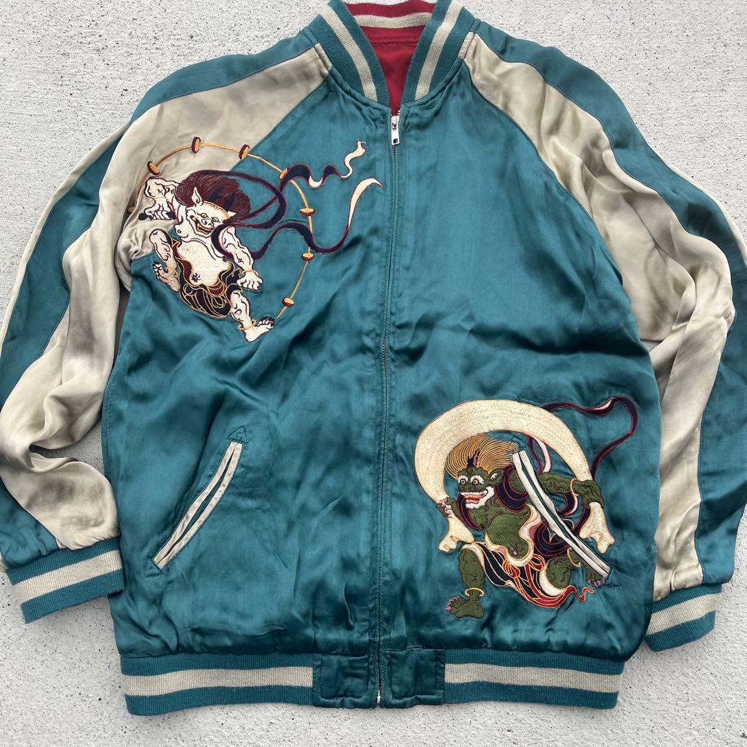 Pin Ball 風神雷神、刺繍 リバーシブル サテンスカジャン 赤　緑