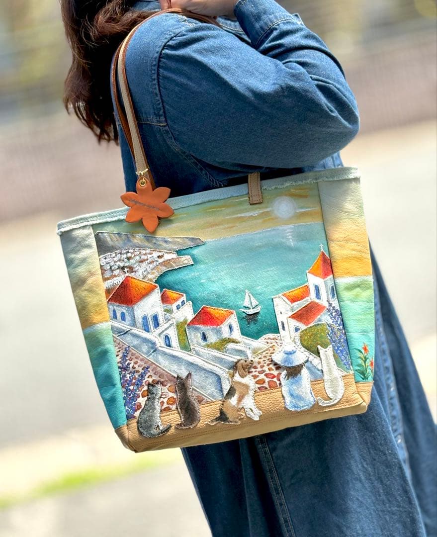 (手づくり)\"感謝溢れ出る日の夕暮れ\"レザー帆布トートバッグ/ネコ刺繍