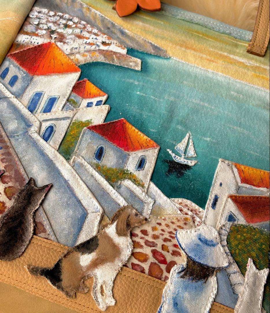 (手づくり)\"感謝溢れ出る日の夕暮れ\"レザー帆布トートバッグ/ネコ刺繍