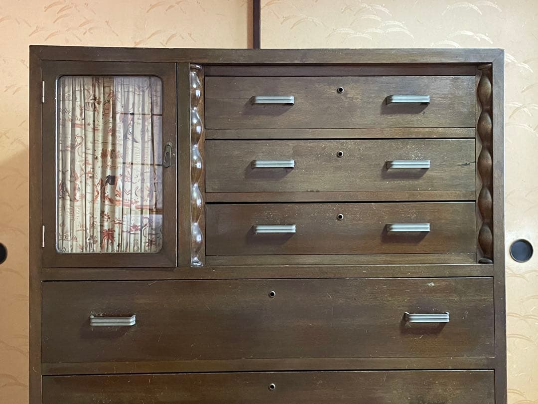 little meさん専用木製 箪笥 7段引出し ガラス扉付鍵付き 昭和レトロ