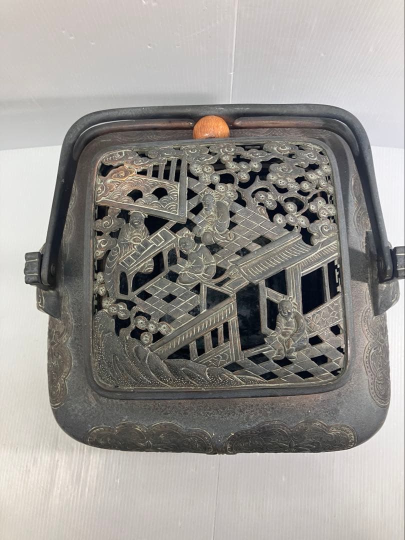 【5.8kg重厚】大明宣徳年製刻印 大型 銅製手炉 浮彫 透かし蓋 香炉 骨董品