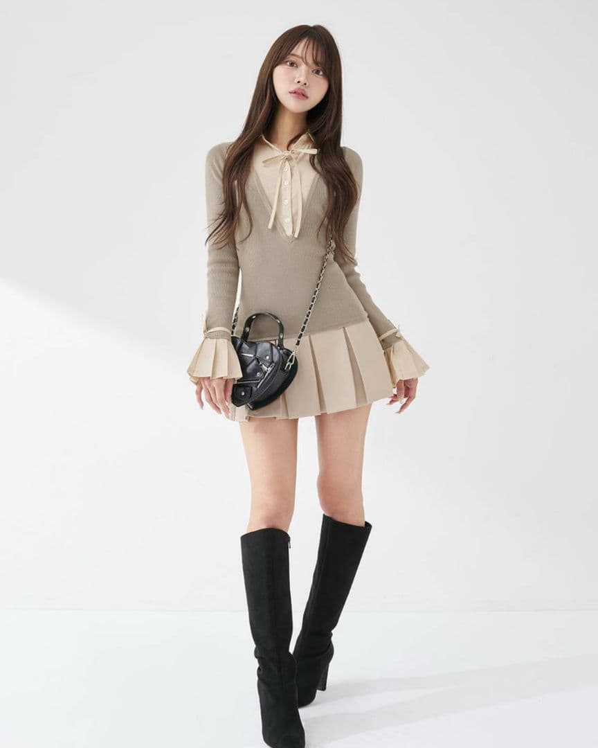 ダーリッチ シャツドッキングプリーツミニワンピース グレー♡