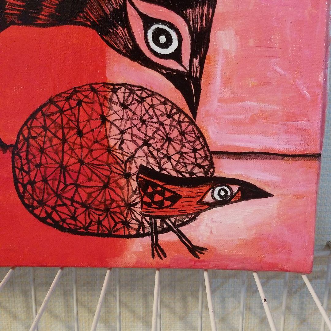 油絵　卵のふ化を見る鳥