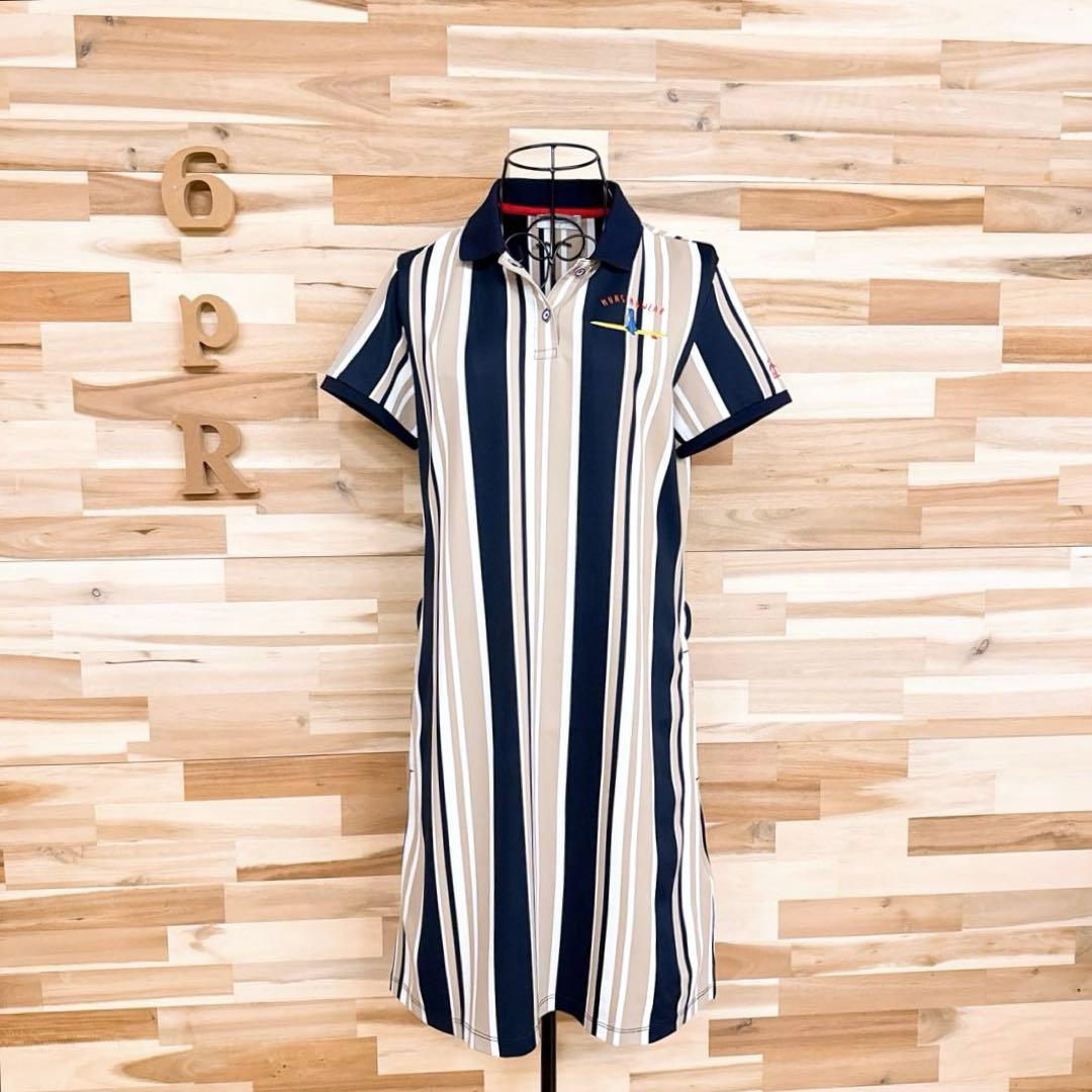 【マンシングウェア】ストライプ ポロシャツ ワンピース ゴルフ L ベージュ×紺