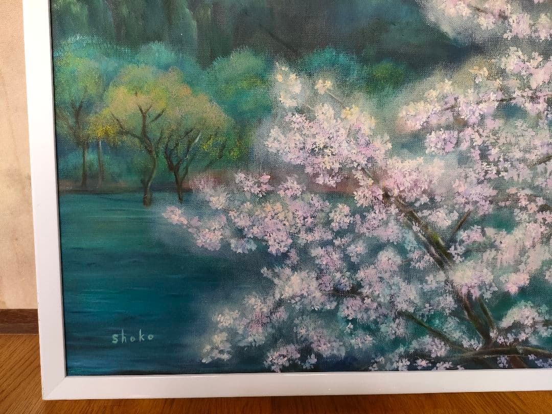 絵画　油彩画　Ｐ30号【春の夜明けに輝く月】