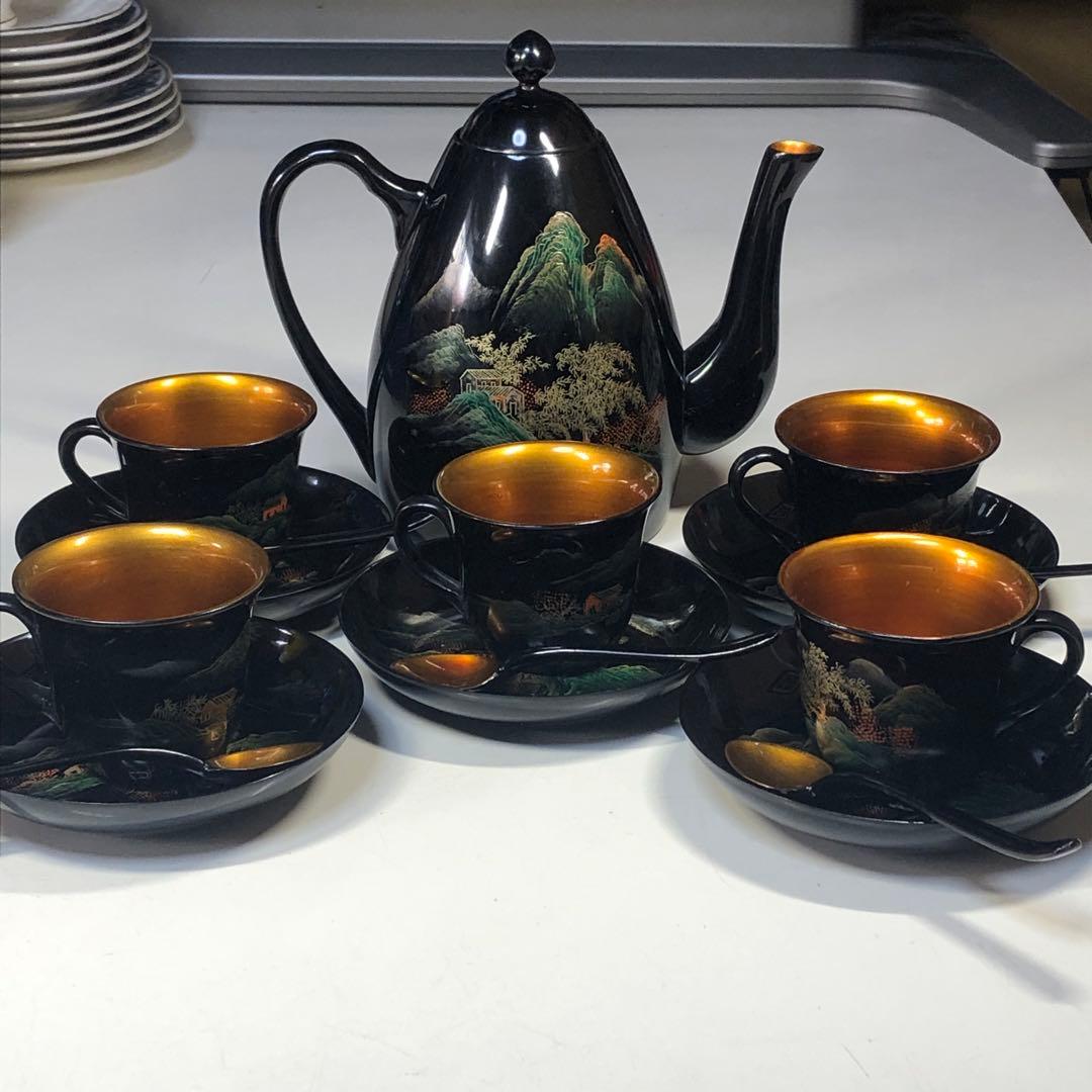 漆器　茶器セット　カップ＆ソーサー　ティーポット