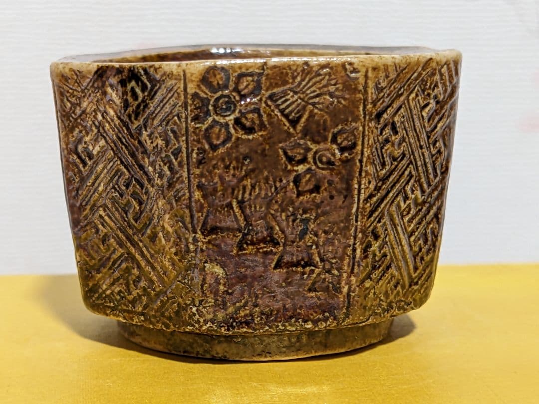 ♦江戸時代 瀬戸焼系 飴釉 八角形 面取り 幾何学文様 豆香炉 香道具 骨董品