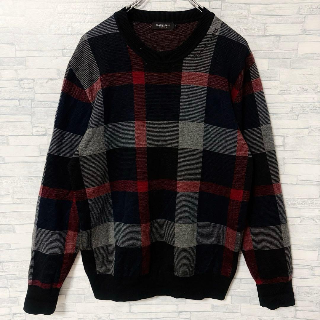 【美品】ブラックレーベルクレストブリッジ チェック ニットセーター 刺繍ロゴ L