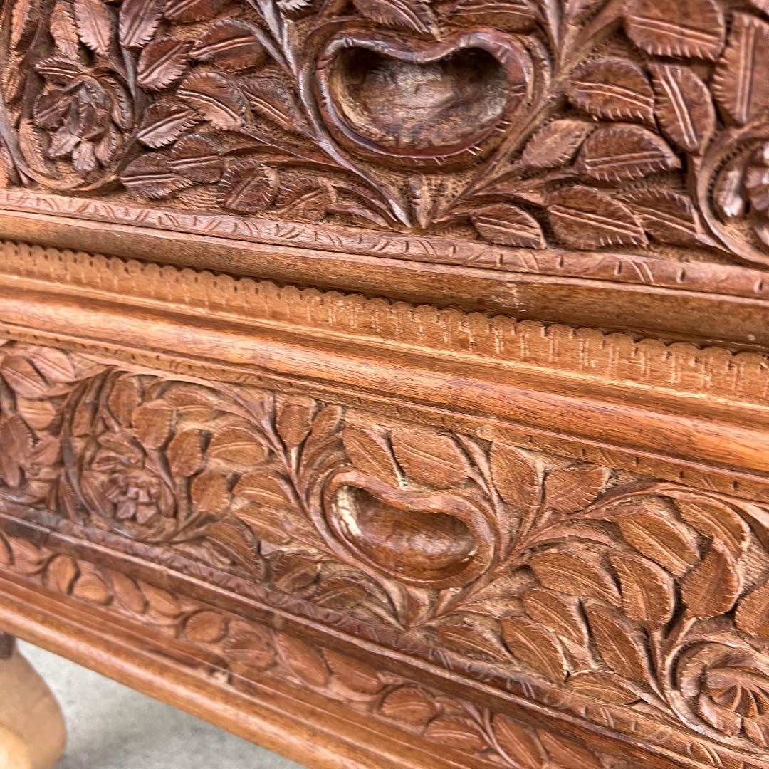 高級 アジアアン アンティーク 彫刻入り木製 引き出し付き