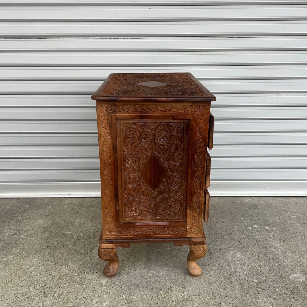 高級 アジアアン アンティーク 彫刻入り木製 引き出し付き