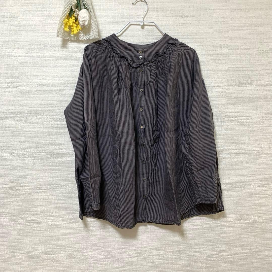 ネストローブ　リネンストライプボトルギャザーブラウス