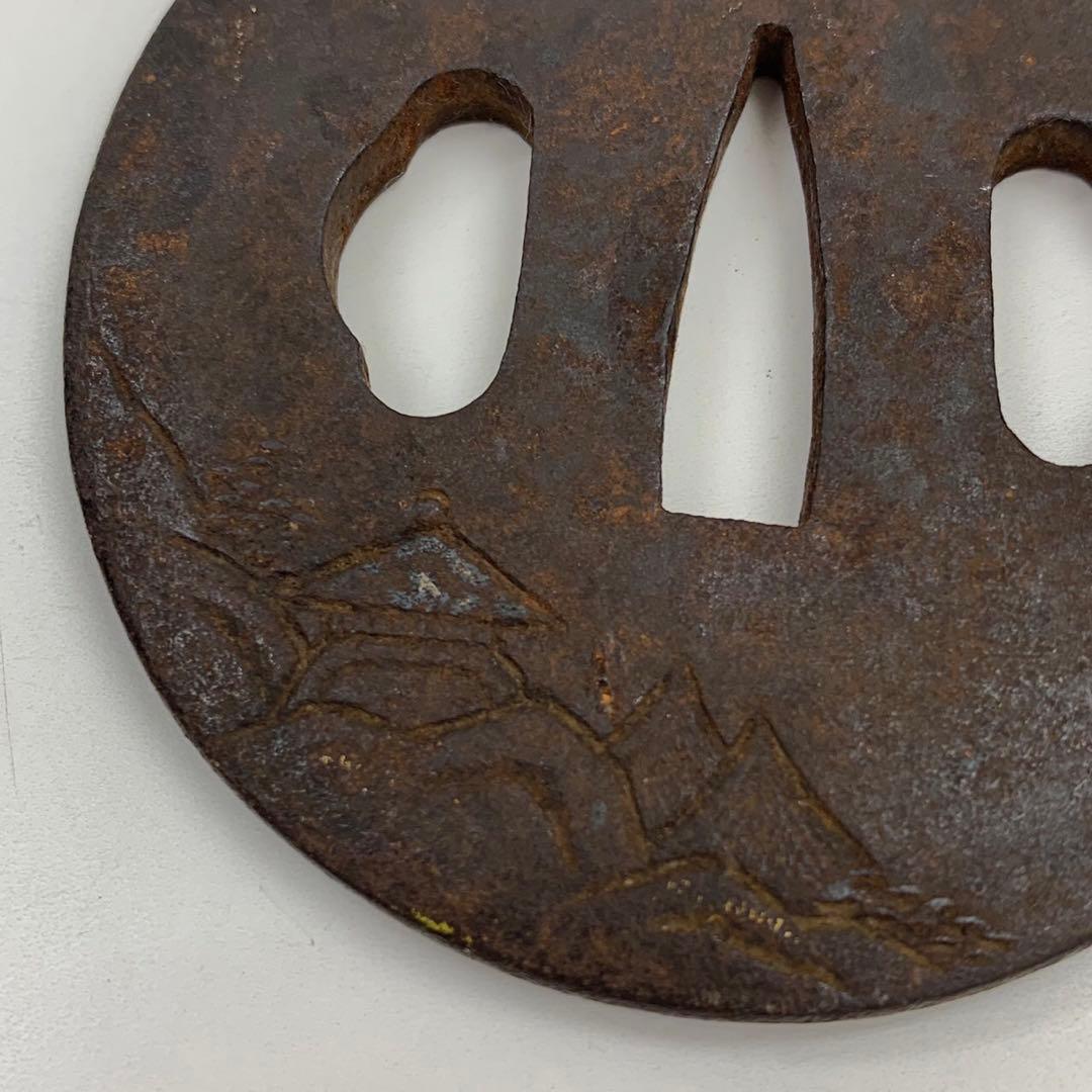 刀鍔 金象嵌 金彩 刀装具 鉄鍔 山水家人図 時代物