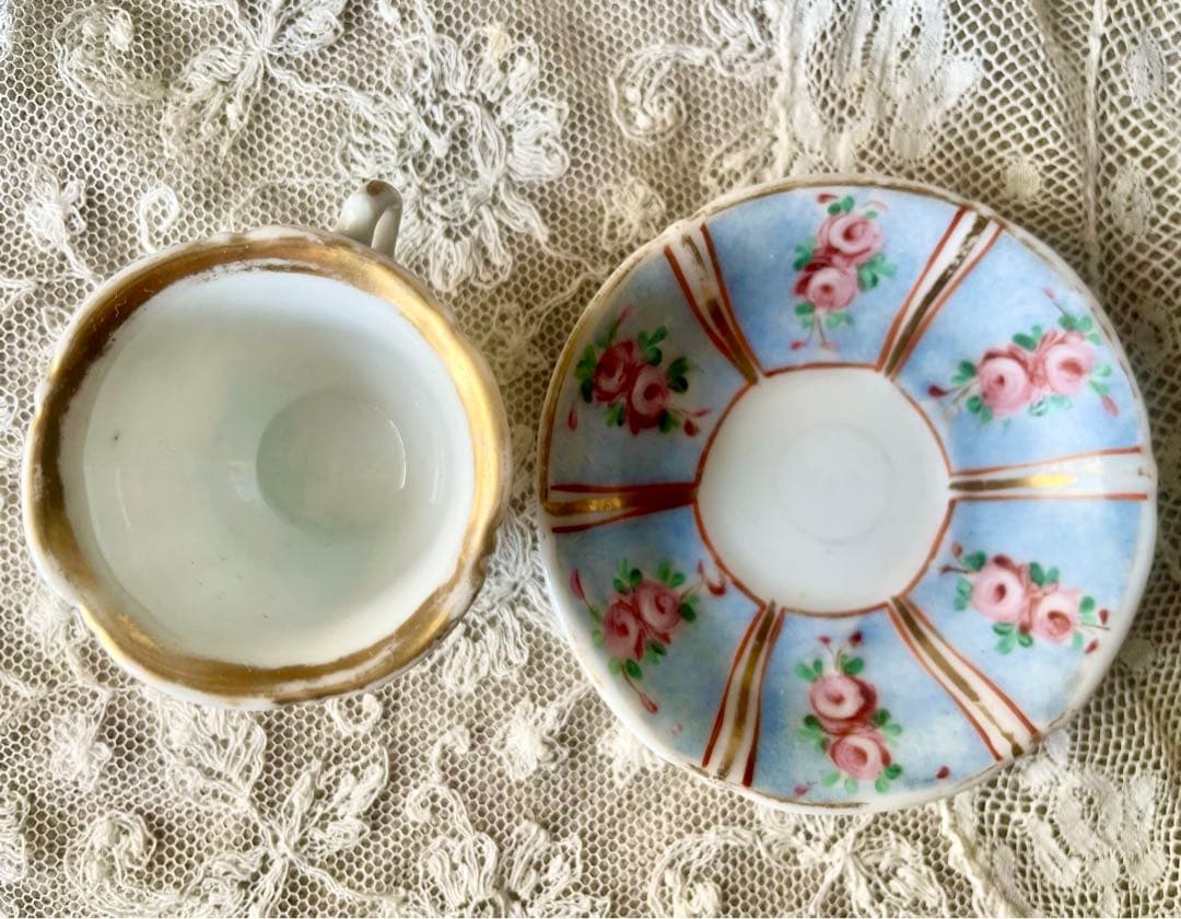 ローズ柄陶器ディネットセット　ティーセット　フランスアンティーク　ままごとドール