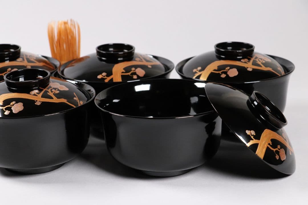 木製漆器 梅蒔絵 黒塗 椀 五客 漆芸 茶懐石 会席道具【MA287】