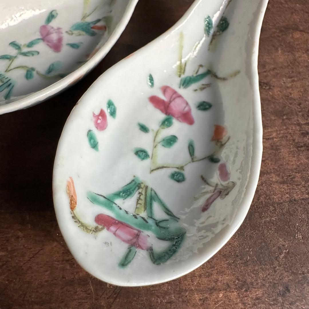 清時代 レンゲ スプー ン 粉彩 花柄 酒器 茶道具 陶磁器 中国美術