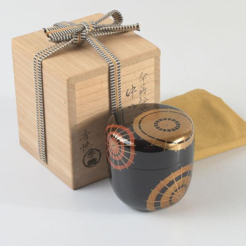 茶道具　山中塗　熊谷秀穂作　傘蒔絵　中棗　共箱　V　9489