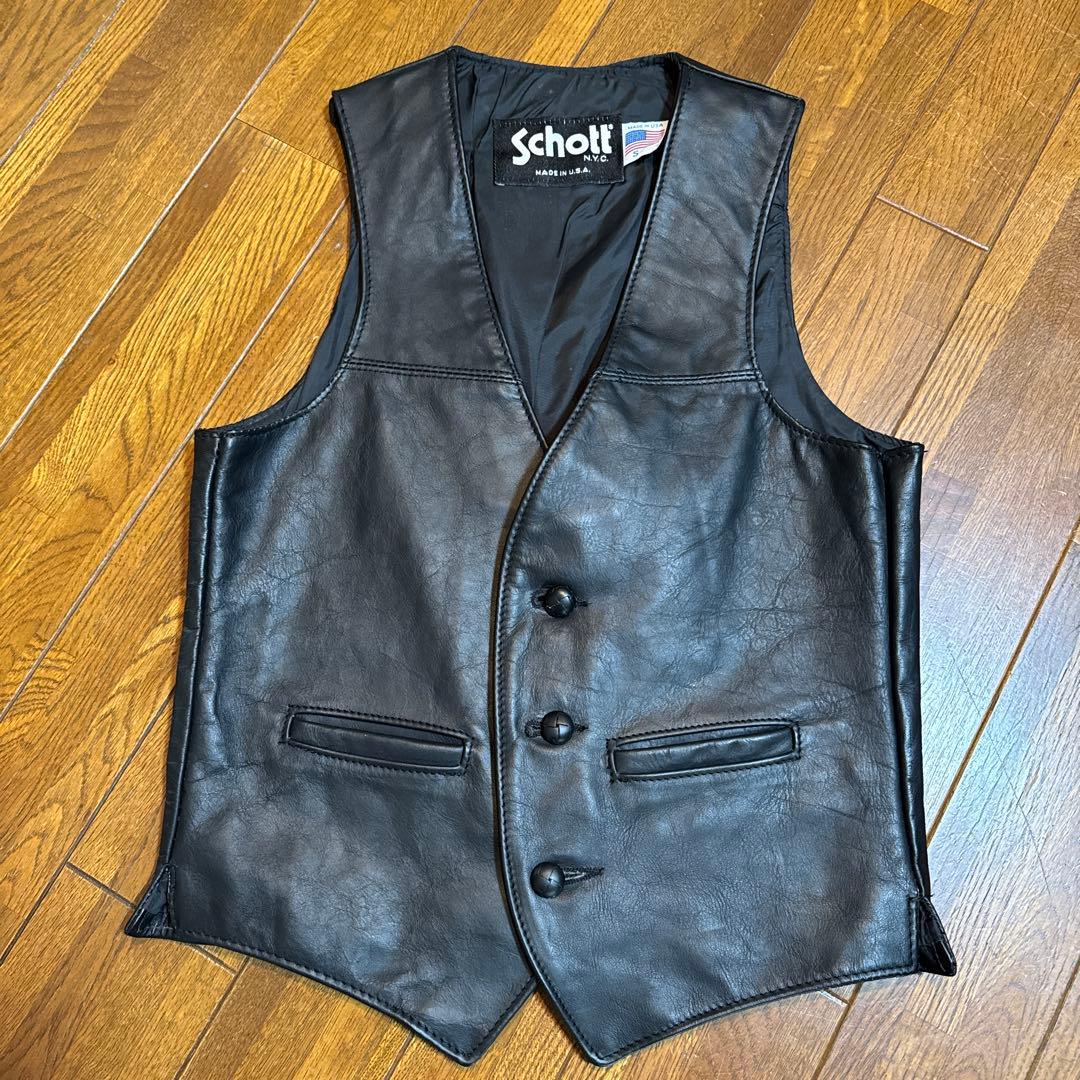 Schott ブラックレザー ベスト Sサイズ　アメリカ製