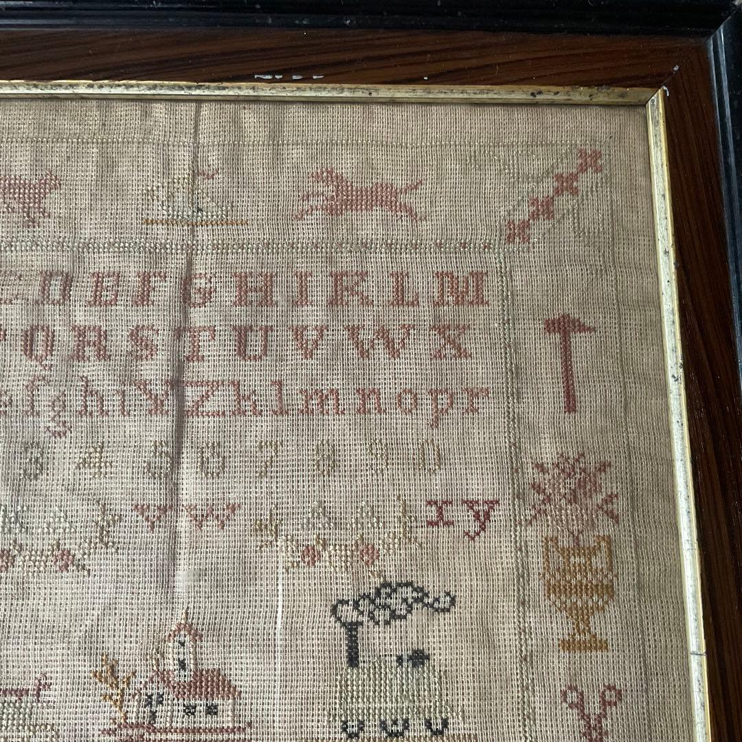 刺繍 フランス アンティーク サンプラー フレーム 1891年 ガラス入り 額装