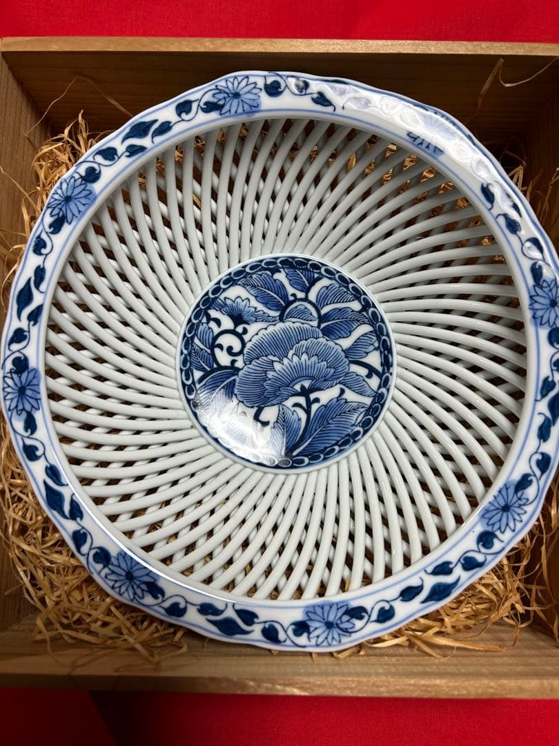 骨董　箱付き　網目菓子鉢　透し網み目　網目焼　琴峰作　年代物