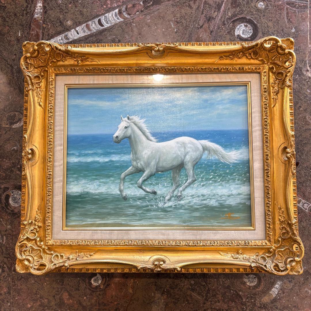【箱付き・F6号】松岡克作 油絵「渚の白い馬」 海辺を駆ける白馬 額装