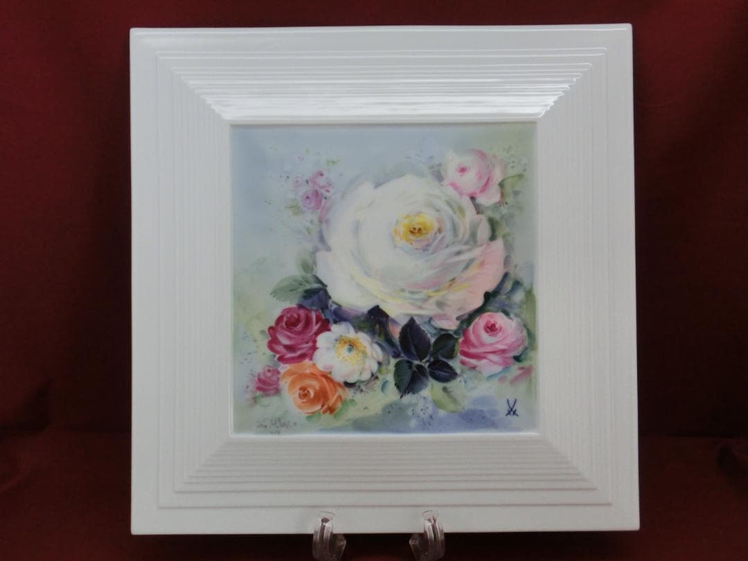 【マイセン】陶板画・白い薔薇
