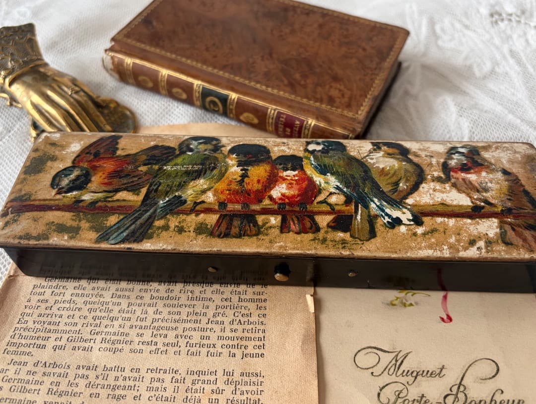 フランスアンティーク　パピエマシェ　ペンケース　小鳥　小箱　小物入れ　蚤の市
