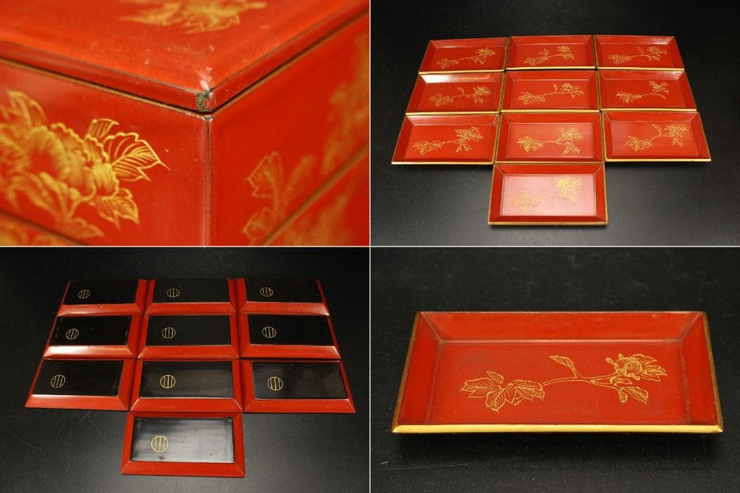 朱塗 沈金 野弁当 揃い 煎茶画箱(ZE653)