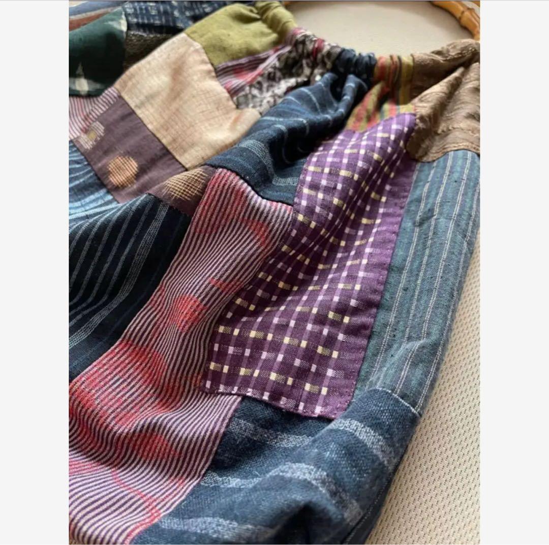 【一点もの】アンティーク和布と竹ハンドルのパッチワークグラニーバッグ