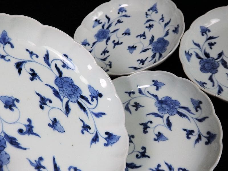 古伊万里　染付　花唐草の図　５寸半皿　４枚　江戸期　D940AS-fbap
