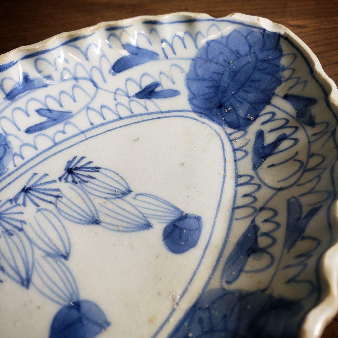 染付 楕円形 変形皿 砥草 訳あり 欠け 中国物 中国骨董 サボテン 微塵唐草