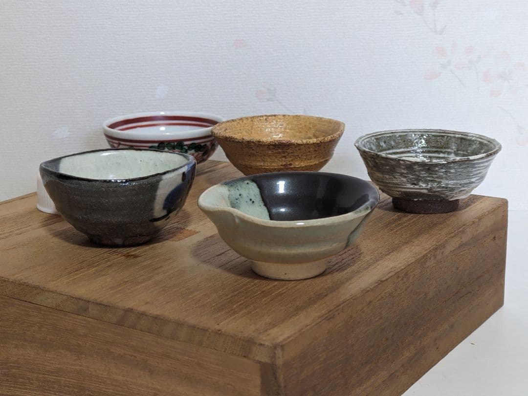 ♦京焼 清水六兵衛窯 色変わり酒器 小盃五種 黄瀬戸 唐津 赤絵九谷 共箱骨董品