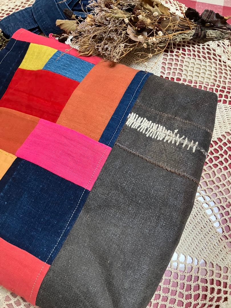 紅花染め茜染め草木染め藍染柿渋染め酒袋刺し子古布2wayショルダー手提げバック