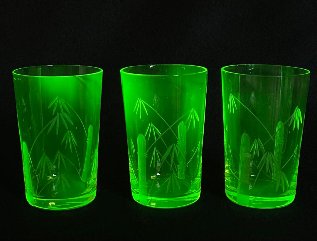 アンティーク　ウランガラス　大正期　コップ　グラス　竹之図　すりガラス　3客