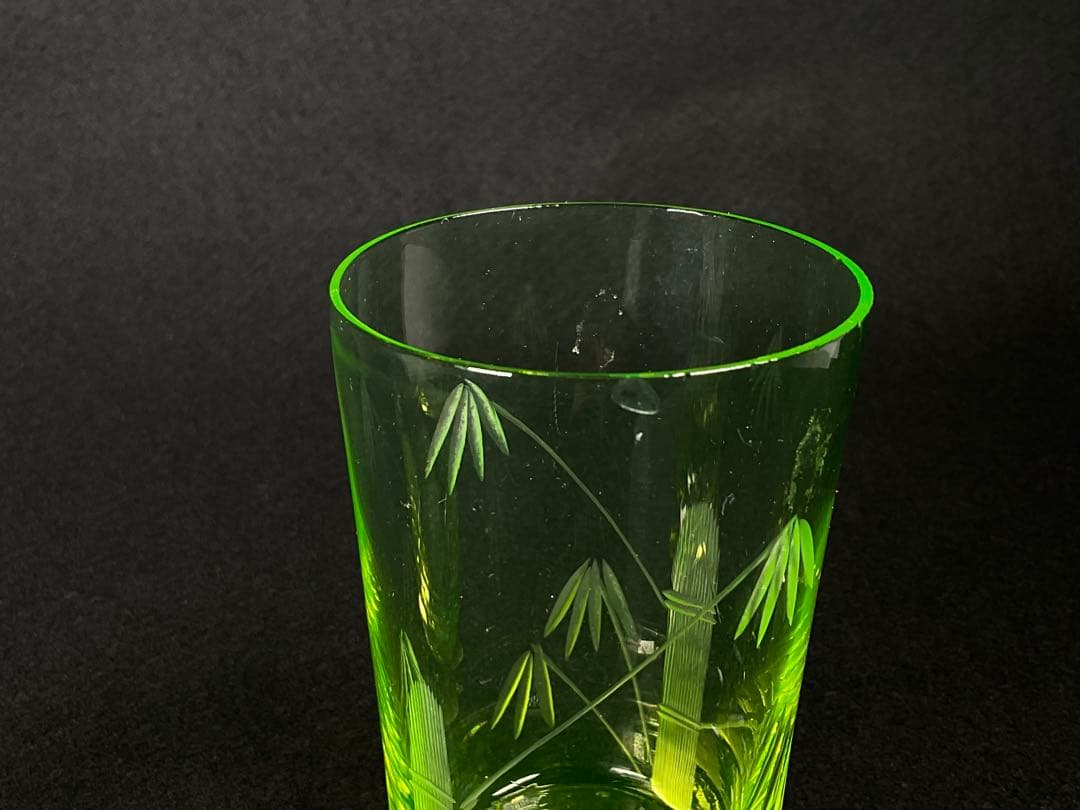 アンティーク　ウランガラス　大正期　コップ　グラス　竹之図　すりガラス　3客