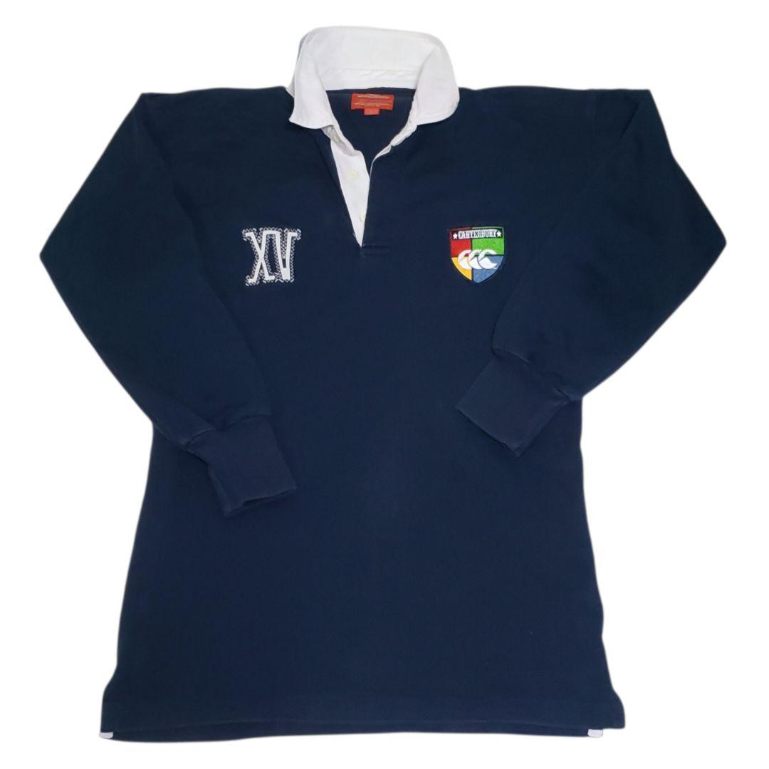 カンタベリー　ラガーシャツ パッチ刺繍　Lサイズ　オリジナルボタン　紺色　長袖
