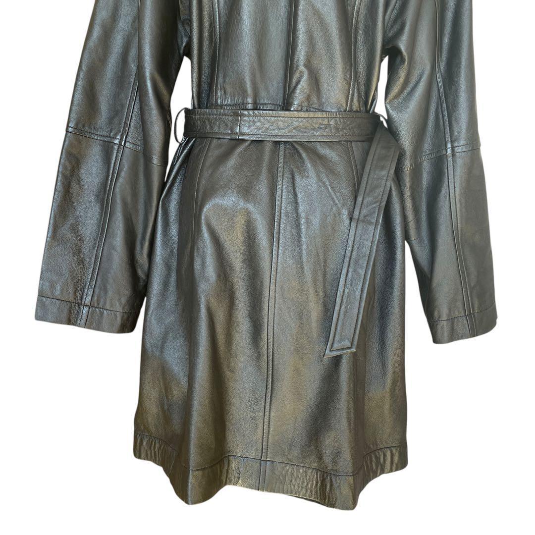 ミスアリス 羊革　レザーコート レザージャケット ベルト付 ひざ丈 ブラック