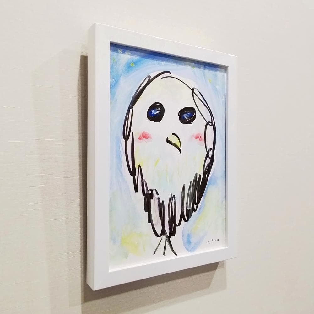 内野隆文　夜のフクロウ　絵画　ドローイング　素描　梟　カワイイ　額付　真作