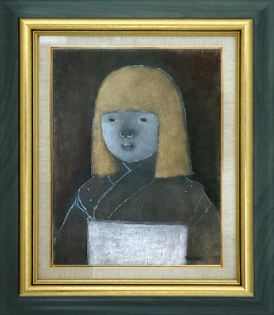 ❤️新作 油絵菅家令子絵画インテリア額(青緑＋金色枠)F6-010326市松人形