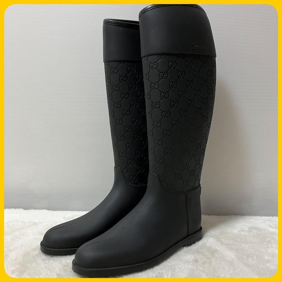 未使用級 GUCCI ロング レイン ブーツ GG柄 靴 37 ラバー 黒 総柄