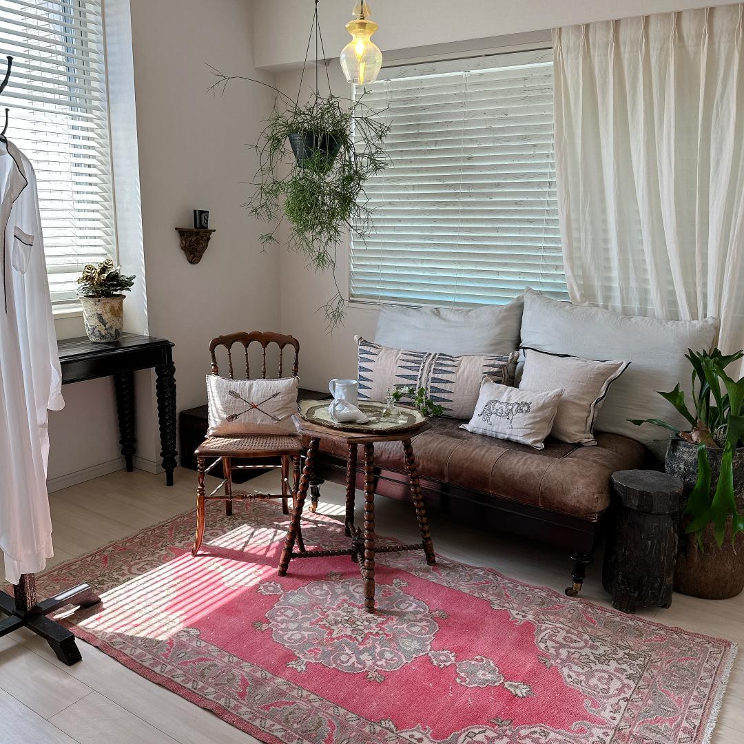 トルコヴィンテージラグ A65 コーラル レッド ネイビー ブルーグレー