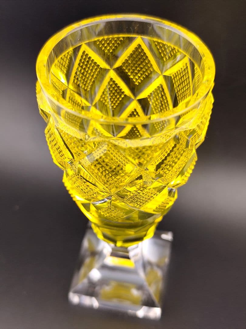 【未使用・SHIMADZU刻印有】薩摩切子 黄 脚付杯