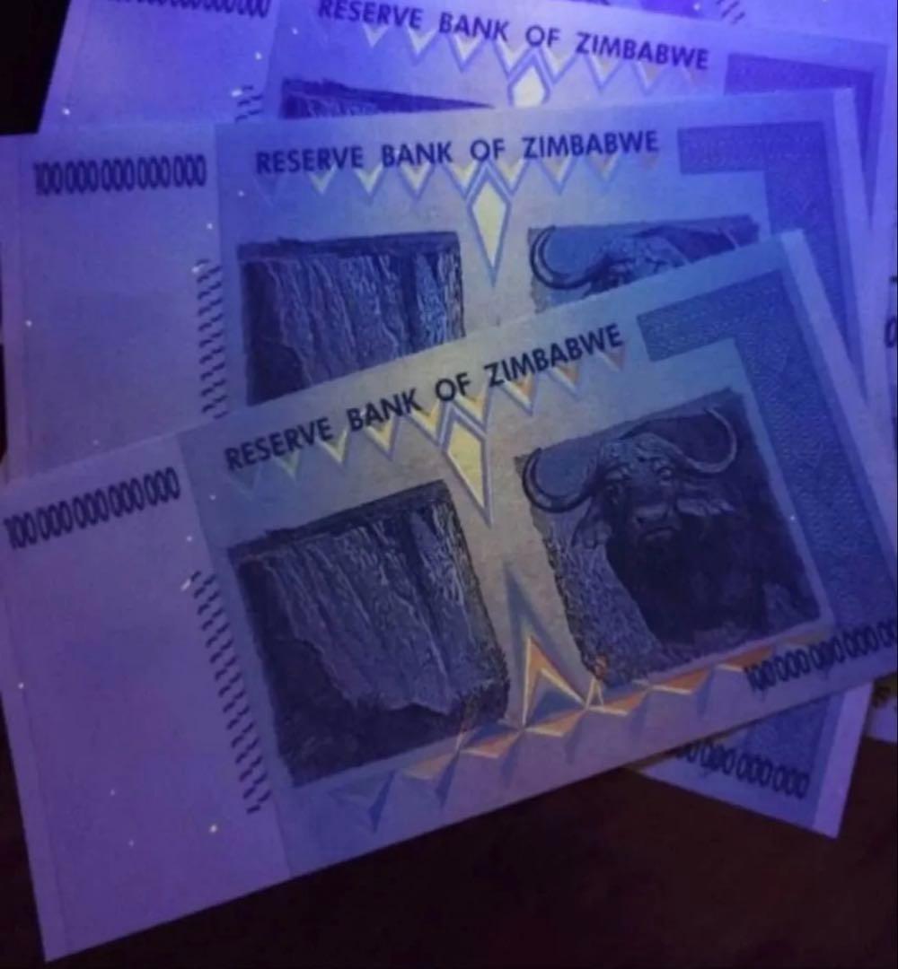 【保証書付き】ジンバブエ 100兆ドル札 2008年、UVチェック済み 2枚